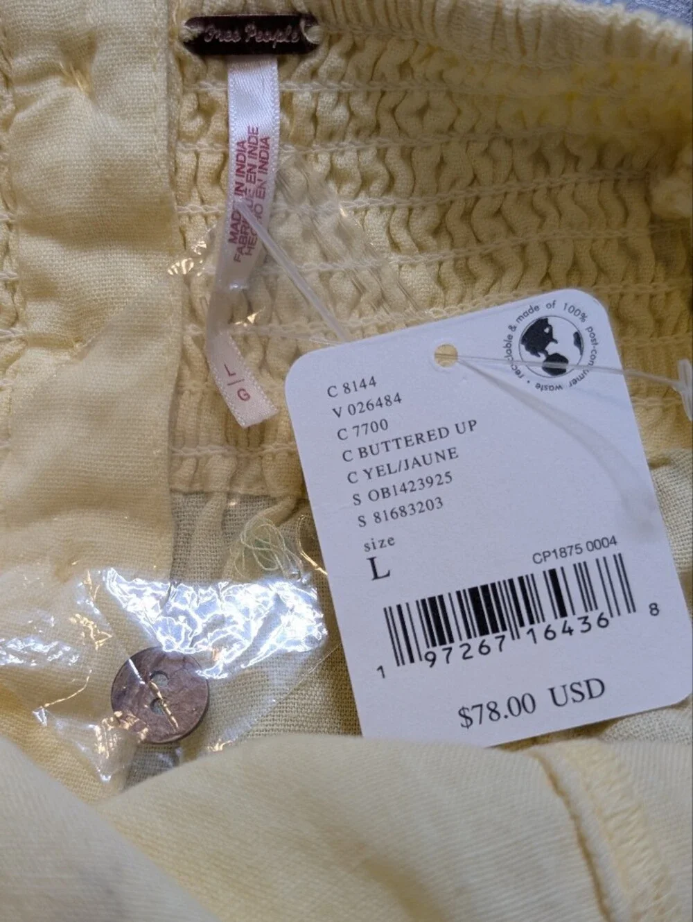 Free‎ People Bom Bom Island Buttered Up Linen Mini Dress Size Large New